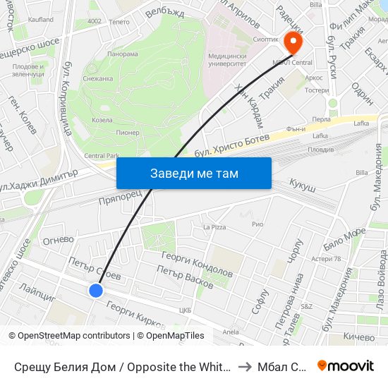 Срещу Белия Дом / Opposite the White House (192) to Мбал Central map