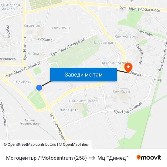 Мотоцентър / Motocentrum (258) to Мц ""Димед"" map