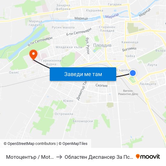 Мотоцентър / Motocentrum (258) to Областен Диспансер За Психични Заболявания map