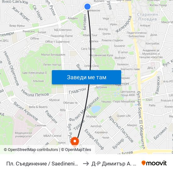 Пл. Съединение / Saedinenie Sq. (141) to Д-Р Димитър А. Йончев map