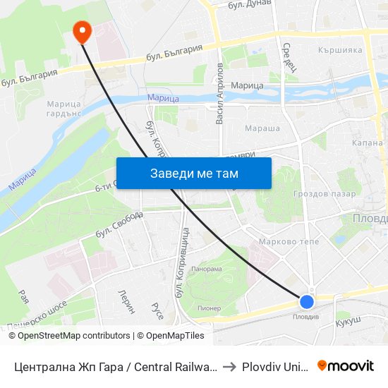 Централна Жп Гара / Central Railway Station (205) to Plovdiv University map