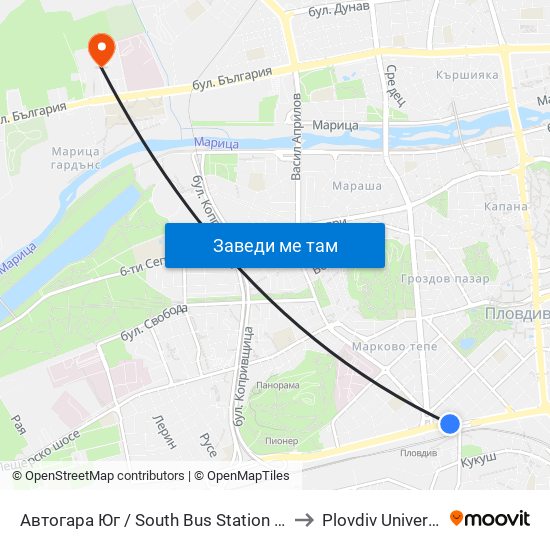 Автогара Юг / South Bus Station (187) to Plovdiv University map