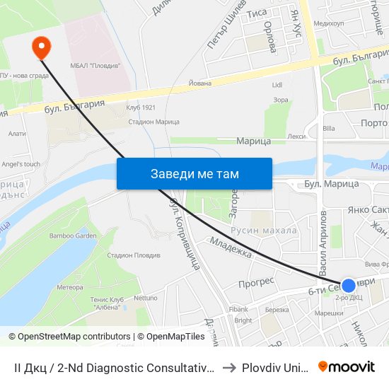 II Дкц / 2-Nd Diagnostic Consultative Center (116) to Plovdiv University map