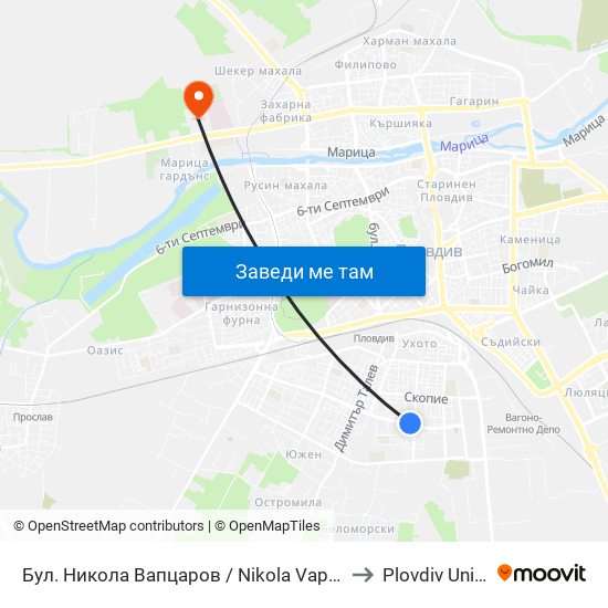 Бул. Никола Вапцаров / Nikola Vaptsarov Blvd. (68) to Plovdiv University map
