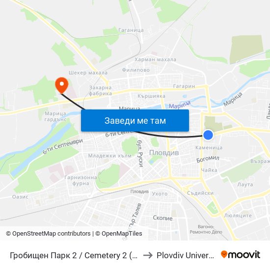 Гробищен Парк 2 / Cemetery 2 (136) to Plovdiv University map