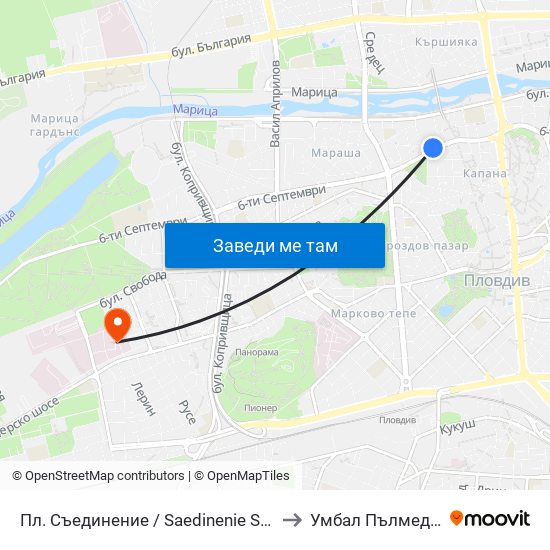 Пл. Съединение / Saedinenie Sq. (141) to Умбал Пълмед Оод map