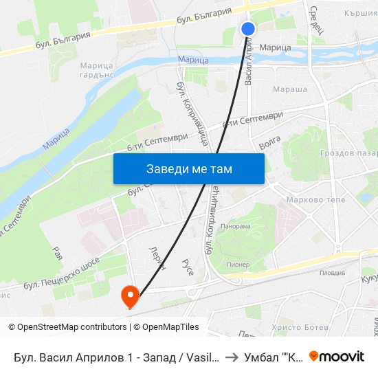 Бул. Васил Априлов 1 - Запад / Vasil Aprilov St. 1 - West (402) to Умбал ""Каспела"" map