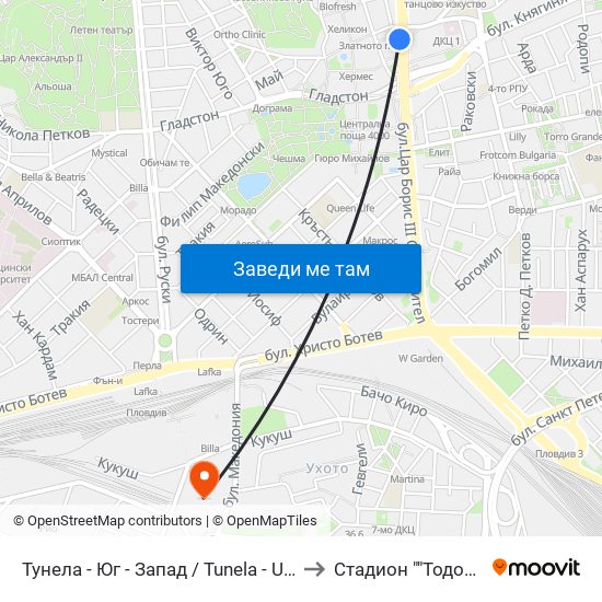 Тунела - Юг - Запад / Tunela - Ug - West (46) to Стадион ""Тодор Диев"" map