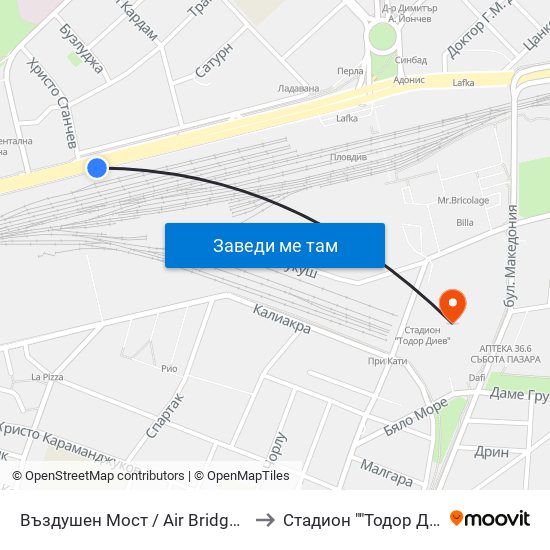Въздушен Мост / Air Bridge (204) to Стадион ""Тодор Диев"" map