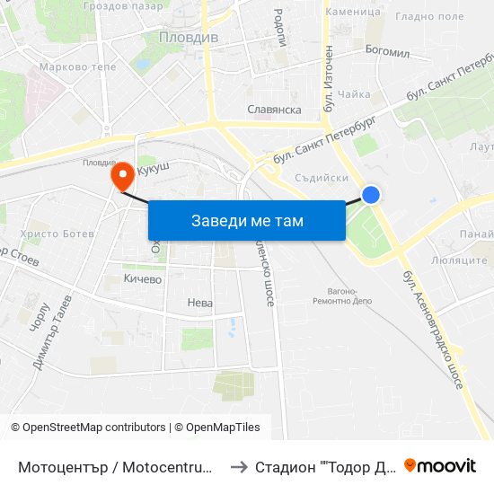 Мотоцентър / Motocentrum (258) to Стадион ""Тодор Диев"" map