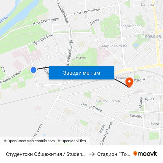 Студентски Общежития / Student Accommodation (389) to Стадион ""Тодор Диев"" map