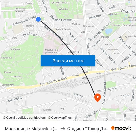 Мальовица / Malyovitsa (265) to Стадион ""Тодор Диев"" map