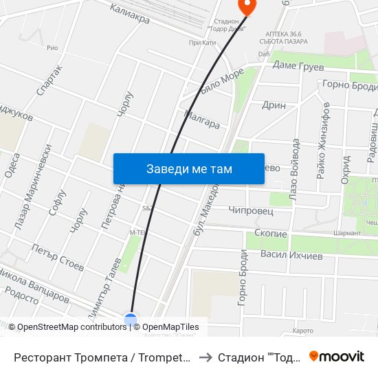 Ресторант Тромпета / Trompeta Restaurant (326) to Стадион ""Тодор Диев"" map