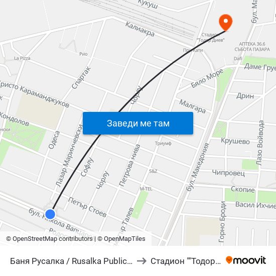 Баня Русалка / Rusalka Public Bath (199) to Стадион ""Тодор Диев"" map