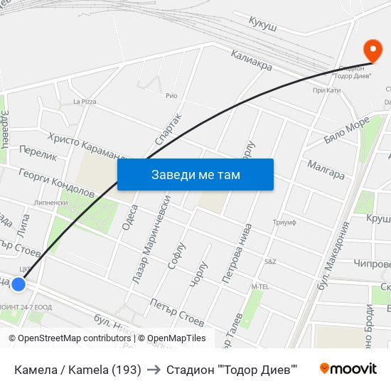 Камела / Kamela (193) to Стадион ""Тодор Диев"" map