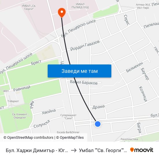 Бул. Хаджи Димитър - Юг / Hadzhi Dimitar St - South (307) to Умбал ""Св. Георги"" - Инфекциозна Клиника map