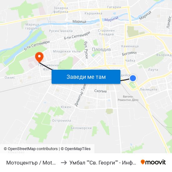 Мотоцентър / Motocentrum (258) to Умбал ""Св. Георги"" - Инфекциозна Клиника map