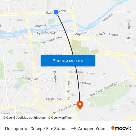 Пожарната - Север / Fire Station - North (184) to Аграрен Университет map