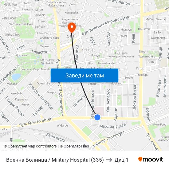 Военна Болница / Military Hospital (335) to Дкц 1 map