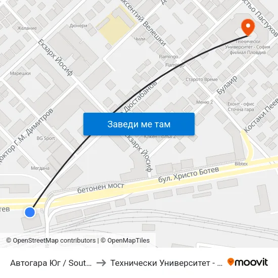 Автогара Юг / South Bus Station (206) to Технически Университет - София Филиал Пловдив map