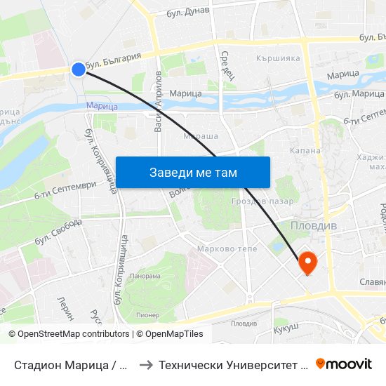 Стадион Марица / Maritsa Stadium (438) to Технически Университет - София Филиал Пловдив map