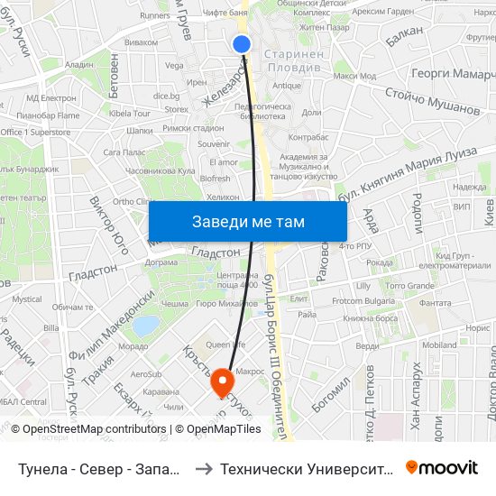 Тунела - Север - Запад / Tunela - Sever - West (10) to Технически Университет - София Филиал Пловдив map