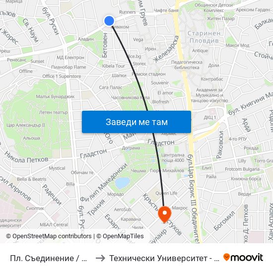 Пл. Съединение / Saedinenie Sq. (141) to Технически Университет - София Филиал Пловдив map