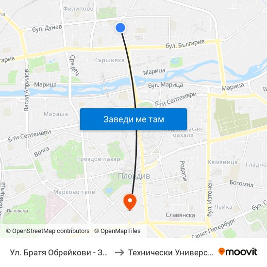 Ул. Братя Обрейкови - Запад / Bratya Obreykovi St. - West (7) to Технически Университет - София Филиал Пловдив map