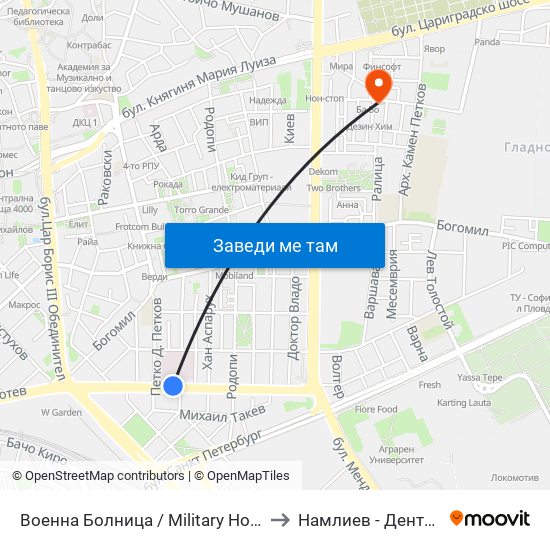 Военна Болница / Military Hospital (335) to Намлиев - Дентал Еоод map