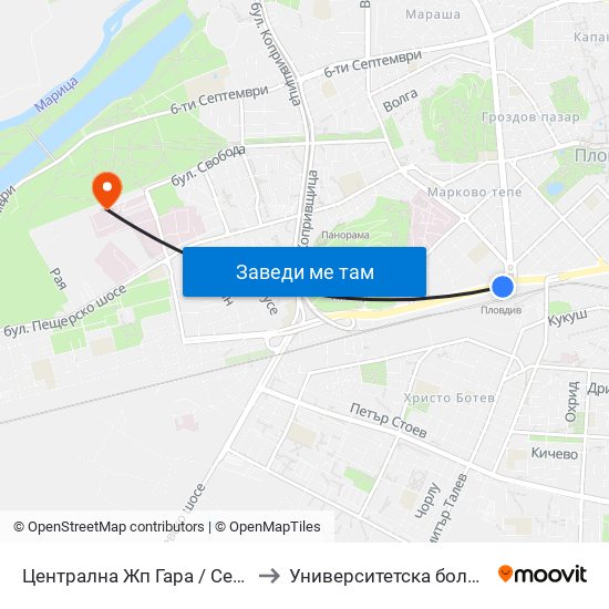 Централна Жп Гара / Central Railway Station (205) to Университетска болница Св. Георги-База 2 map