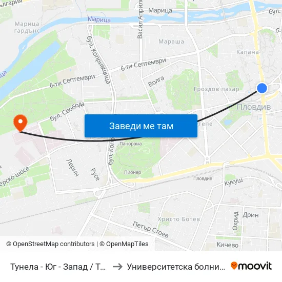 Тунела - Юг - Запад / Tunela - Ug - West (46) to Университетска болница Св. Георги-База 2 map