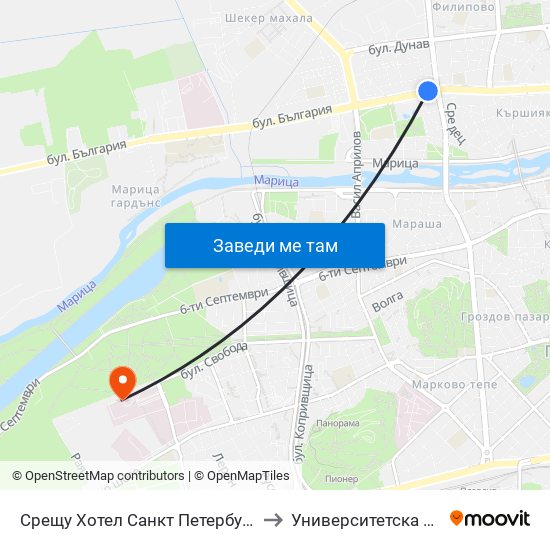 Срещу Хотел Санкт Петербург / Opposite Saint Petersburg Hotel (91) to Университетска болница Св. Георги-База 2 map