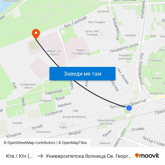 Ктв / Ktv (308) to Университетска болница Св. Георги-База 2 map