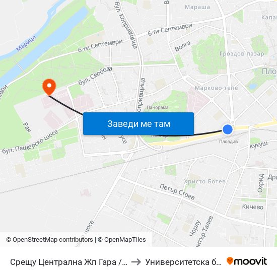 Срещу Централна Жп Гара / Opposite Central Railway Station (188) to Университетска болница Св. Георги-База 2 map