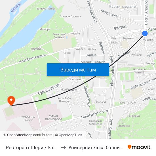 Ресторант Шери / Sheri Restaurant (312) to Университетска болница Св. Георги-База 2 map