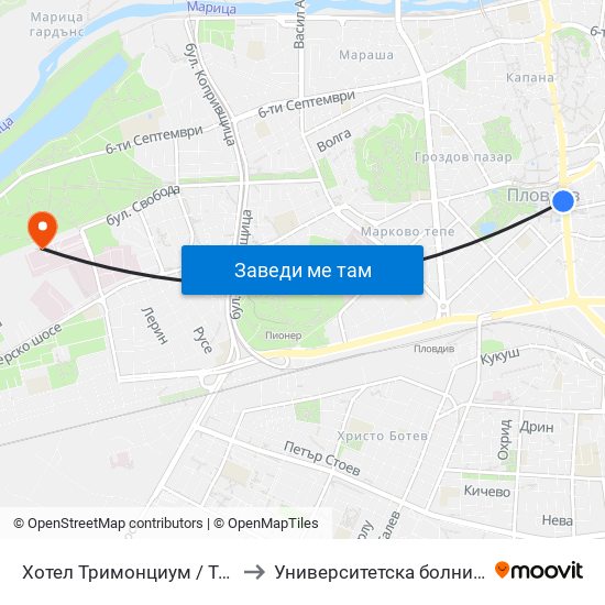 Хотел Тримонциум / Trimonthium Hotel (12) to Университетска болница Св. Георги-База 2 map