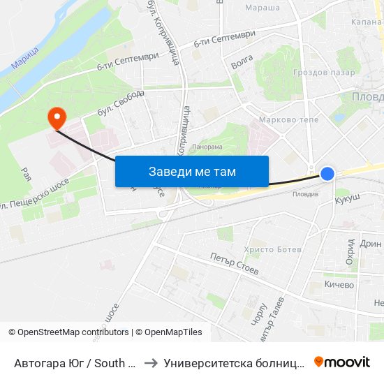 Автогара Юг / South Bus Station (187) to Университетска болница Св. Георги-База 2 map