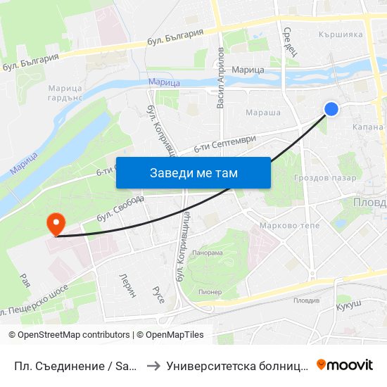 Пл. Съединение / Saedinenie Sq. (141) to Университетска болница Св. Георги-База 2 map