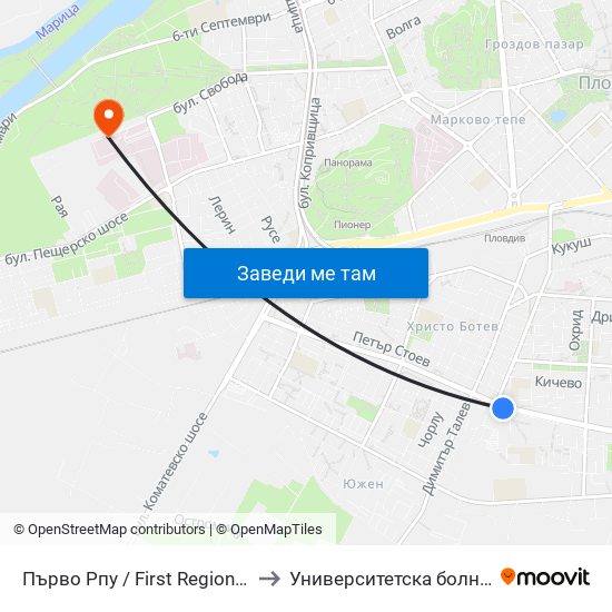 Първо Рпу / First Regional Police Department (60) to Университетска болница Св. Георги-База 2 map