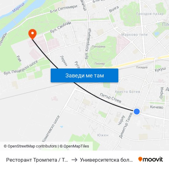 Ресторант Тромпета / Trompeta Restaurant (326) to Университетска болница Св. Георги-База 2 map