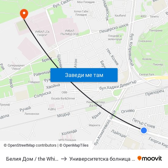 Белия Дом / the White House (201) to Университетска болница Св. Георги-База 2 map