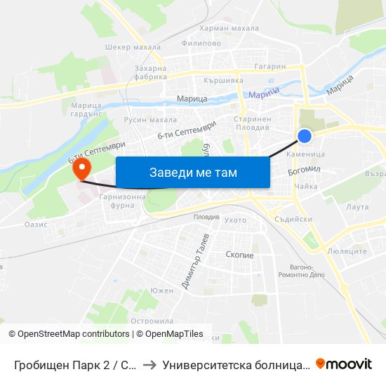 Гробищен Парк 2 / Cemetery 2 (136) to Университетска болница Св. Георги-База 2 map