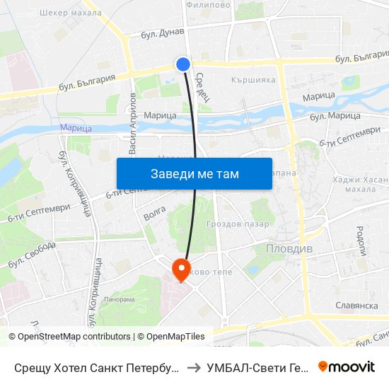 Срещу Хотел Санкт Петербург / Opposite Saint Petersburg Hotel (91) to УМБАЛ-Свети Георги (UMBAL-Sveti Georgi) map