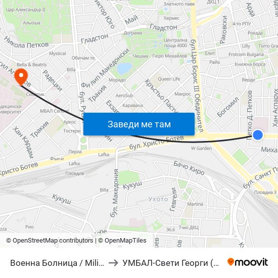 Военна Болница / Military Hospital (335) to УМБАЛ-Свети Георги (UMBAL-Sveti Georgi) map