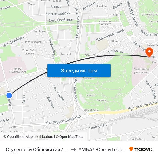Студентски Общежития / Student Accommodation (389) to УМБАЛ-Свети Георги (UMBAL-Sveti Georgi) map