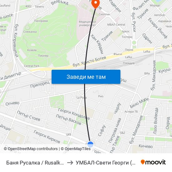 Баня Русалка / Rusalka Public Bath (199) to УМБАЛ-Свети Георги (UMBAL-Sveti Georgi) map