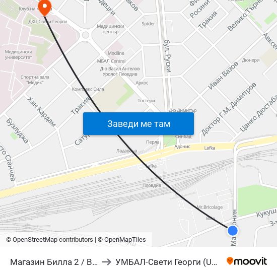 Магазин Билла 2 / Billa Store 2 (15) to УМБАЛ-Свети Георги (UMBAL-Sveti Georgi) map