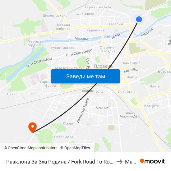Разклона За Зха Родина / Fork Road To Rodina Paper And Packaging Factory (211) to Марково map