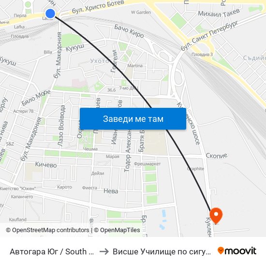 Автогара Юг / South Bus Station (187) to Висше Училище по сигурност и икономика map