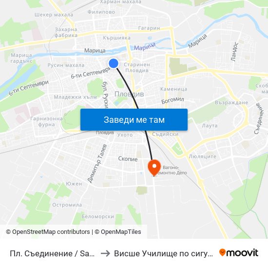 Пл. Съединение / Saedinenie Sq. (141) to Висше Училище по сигурност и икономика map